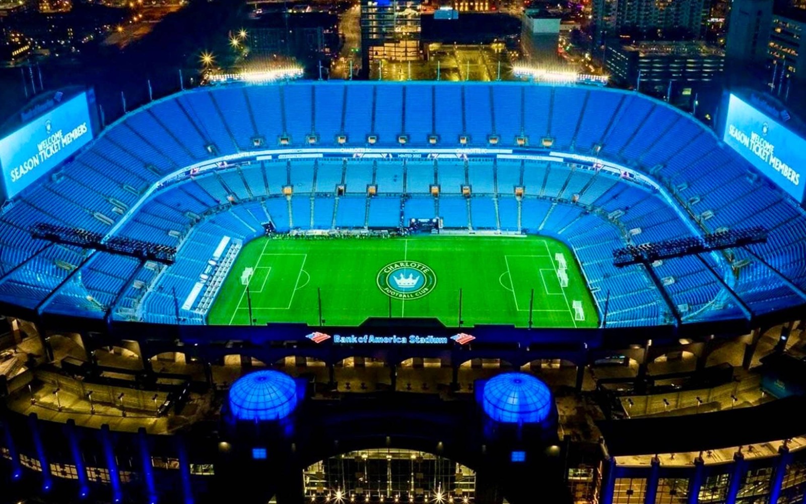 Aerial view of a stadium lit up at night